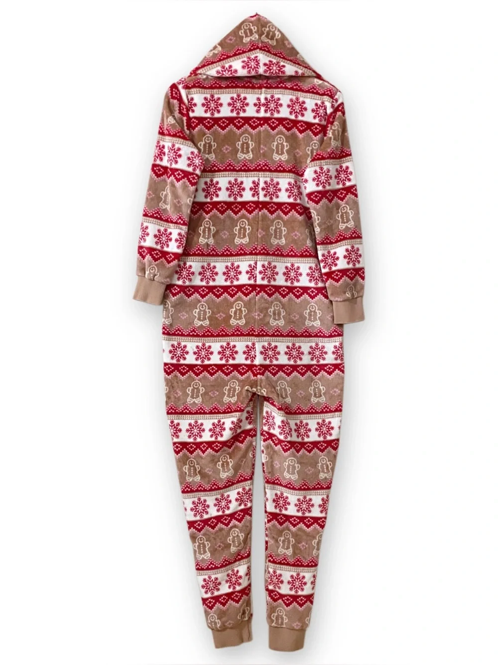 Holiday Time Womens XS 0-2 One Piece Pajamas Gingerbread Snowflake Hooded Fleece